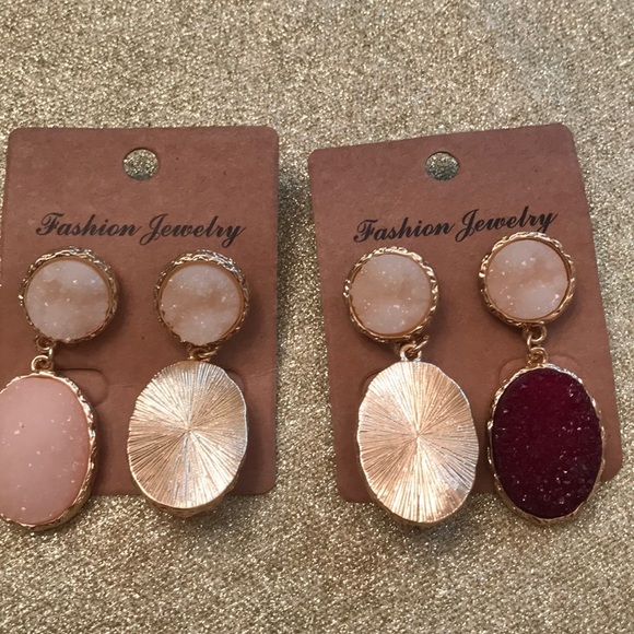 NWT Druzy Stone Earrings - Peach OR Burgundy OR Navy + Ivory Teardrop Studs - Picture 9 of 12
